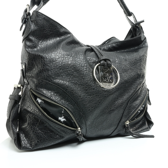 Beverly Hills Polo Club Shoulder Purse Faux Leather Hobo Bag17x13x4 Black/Silver - Picture 12 of 14